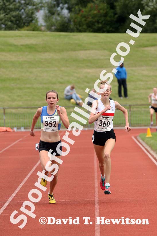 Amy Hinchly (Vale Royal AC) outsprints no 360 Rosie Johnson (Liverpool Pembroke) to win the under-17s 1500 metres at the Northern Under-17s and 15s Championships, Liverpool.